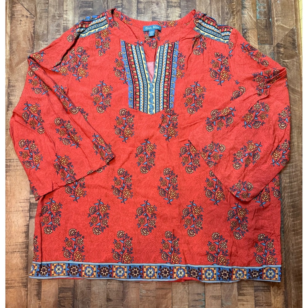 Fleur Bleue Red Floral Boho Tunic Top XL Womens 3/4 Sleeve Rayon Split V-Neck